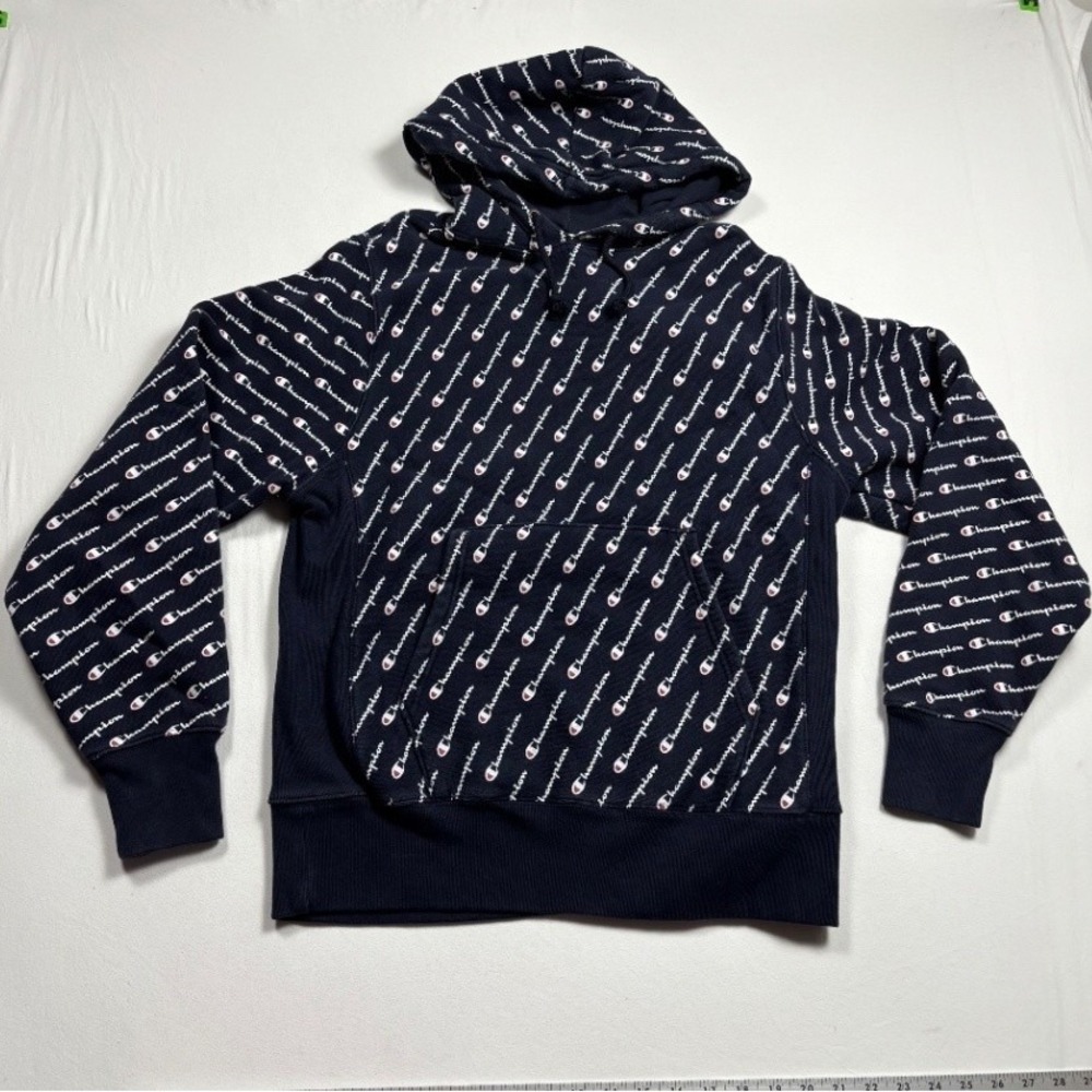 Champion Reverse Weave Men's Medium Navy AOP Script Pullover Hoodie